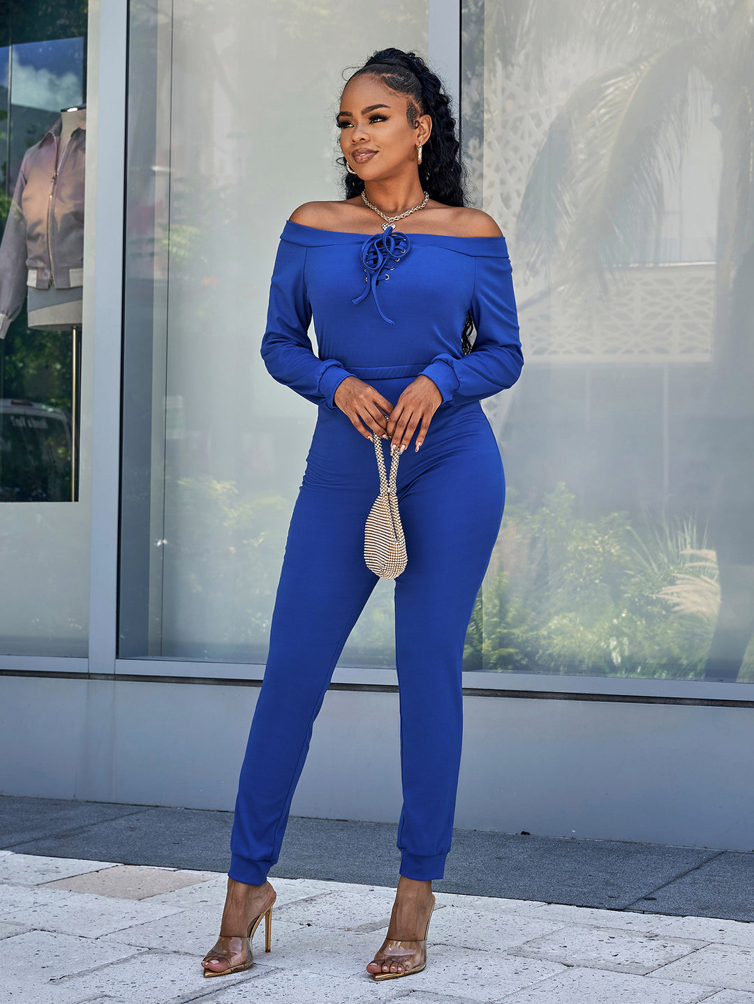 Lace-Up Off-Shoulder Long Sleeve Jumpsuit