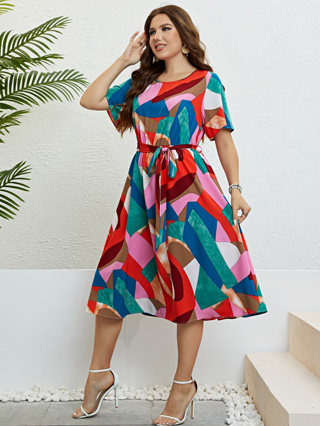 Plus Size Printed Round Neck Tie Belt Dress