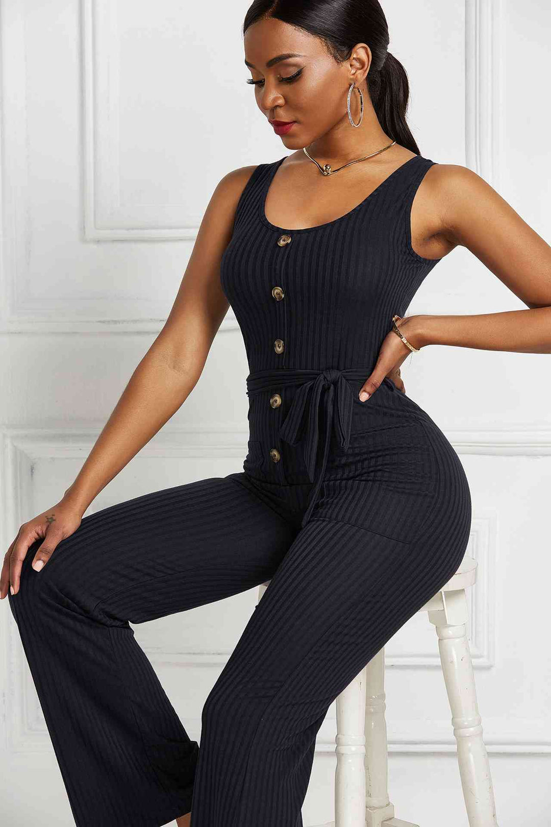 Button Detail Tie Waist Jumpsuit with Pockets