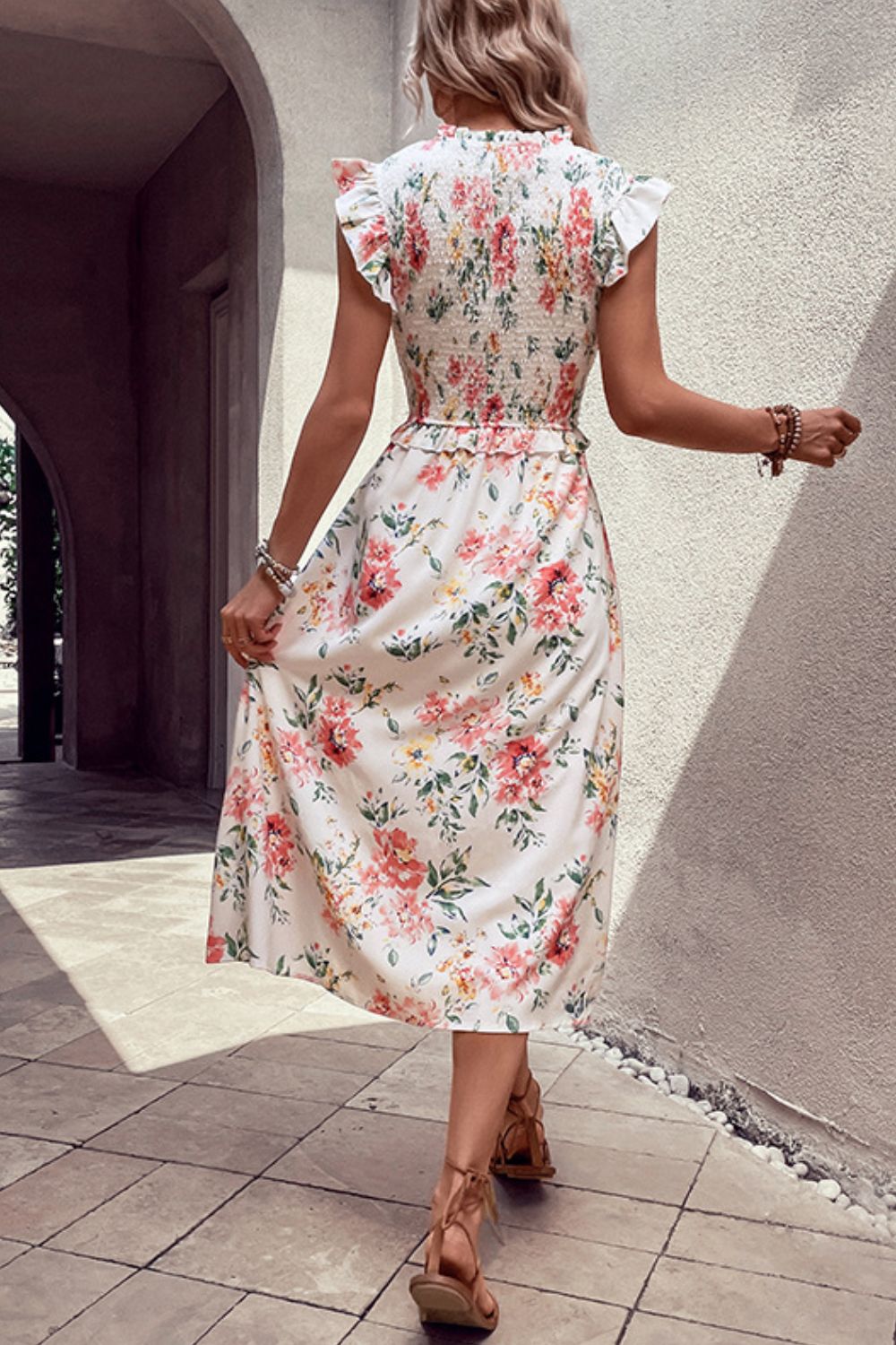 Floral Smocked Butterfly Sleeve Slit Dress